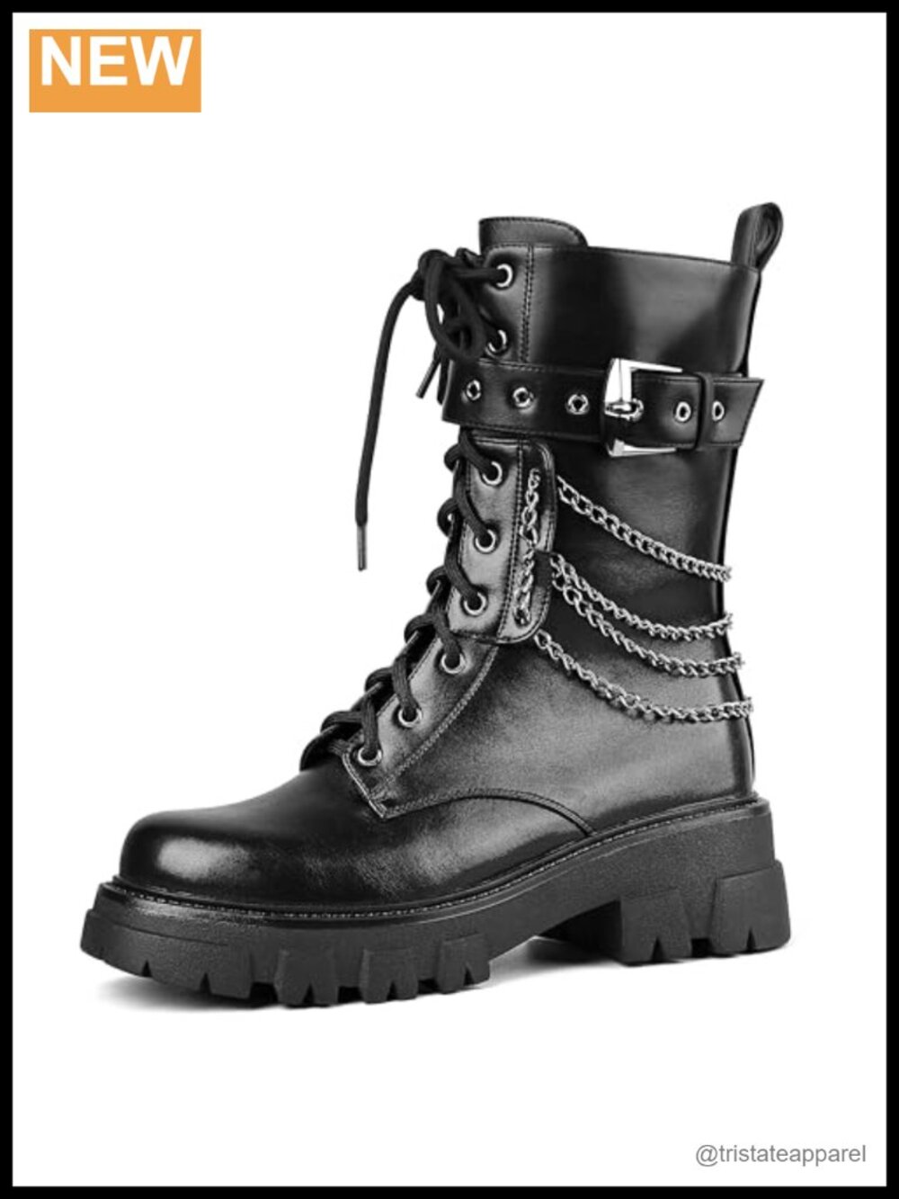 Women's Chunky Combat Boots Lace Up Motorcycle Ankle Boots with Chains